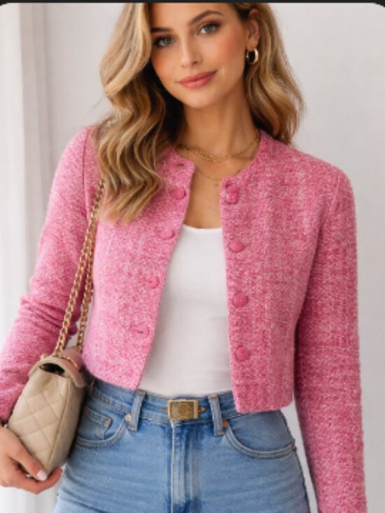 Zara Sweaters - Zara Pink Tweed Knit Cardigan Jacket Sweater Barbie Pink Silver Metallic Size XL